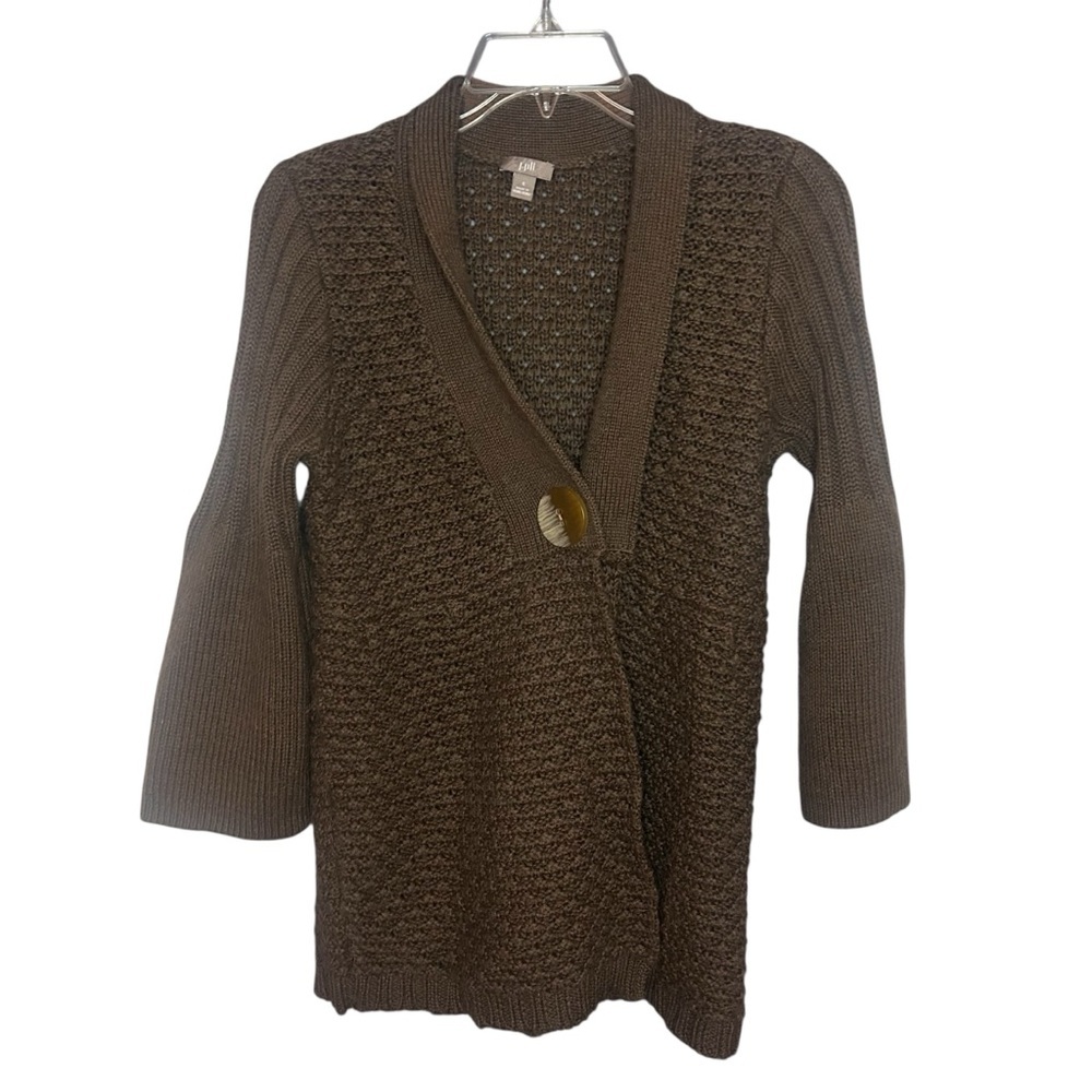 J. Jill Brown Knit Cardigan Sweater Single Button Boho Cozy Small